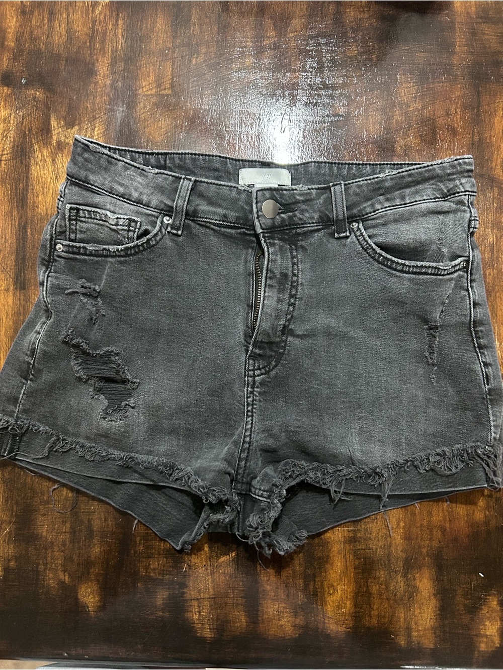 H&M Black High-Waist Distressed Denim Shorts